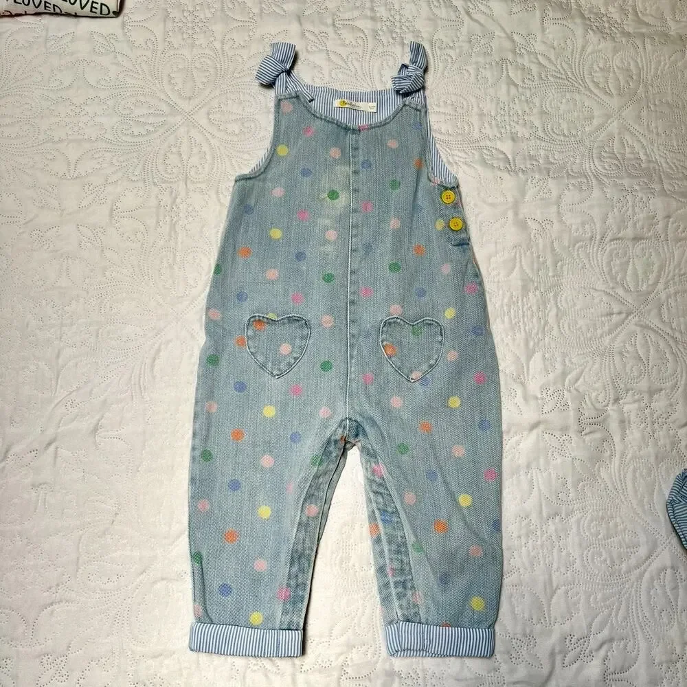 Baby Boden Light Blue Denim Polka Dot Heart Pocket Overalls